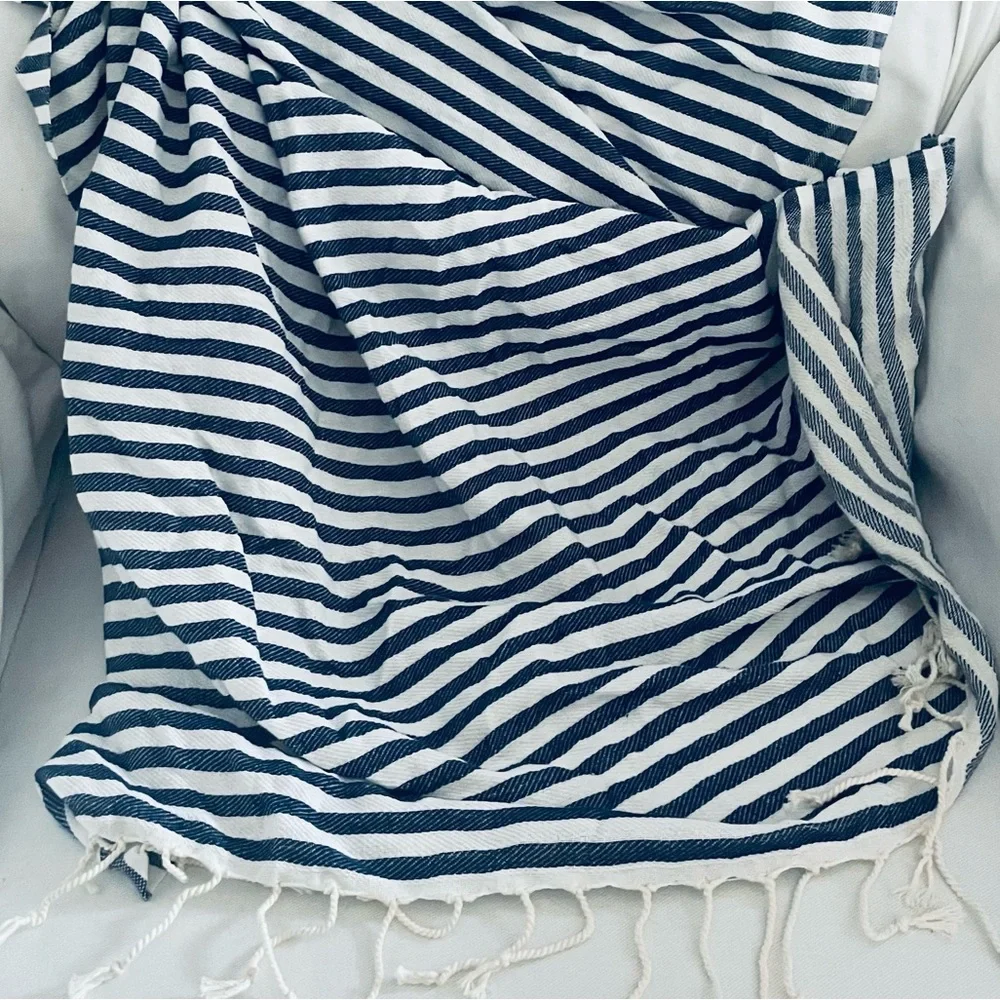 Gold Case Blue and White Stripe Turkish fringe Cotton Peshtamel Towel Wrap - Picture 15 of 16